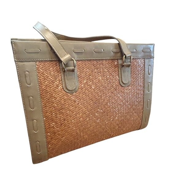 Anne Klein Woven Straw & Leather Tote Bag Dual Handles Tan Beige Elegant Design - Picture 3 of 12